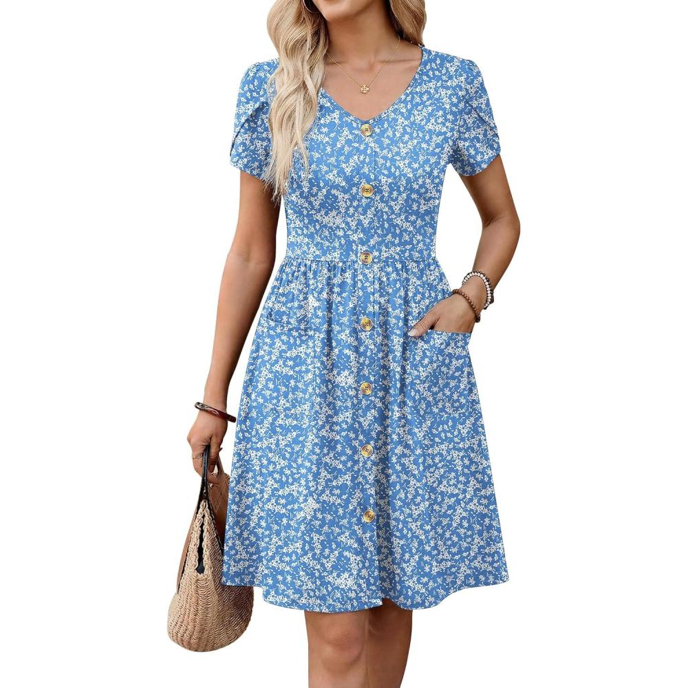 imageZeagoo Womens Summer Dress Mini Petal Short Sleeve Dresses Pleated Button Down V Neck Floral Beach Swing Vacation Dress 2026Floral Blue