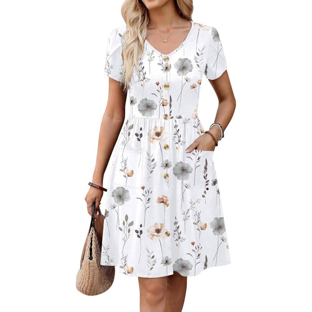 imageZeagoo Womens Summer Dress Mini Petal Short Sleeve Dresses Pleated Button Down V Neck Floral Beach Swing Vacation Dress 2026Floral White
