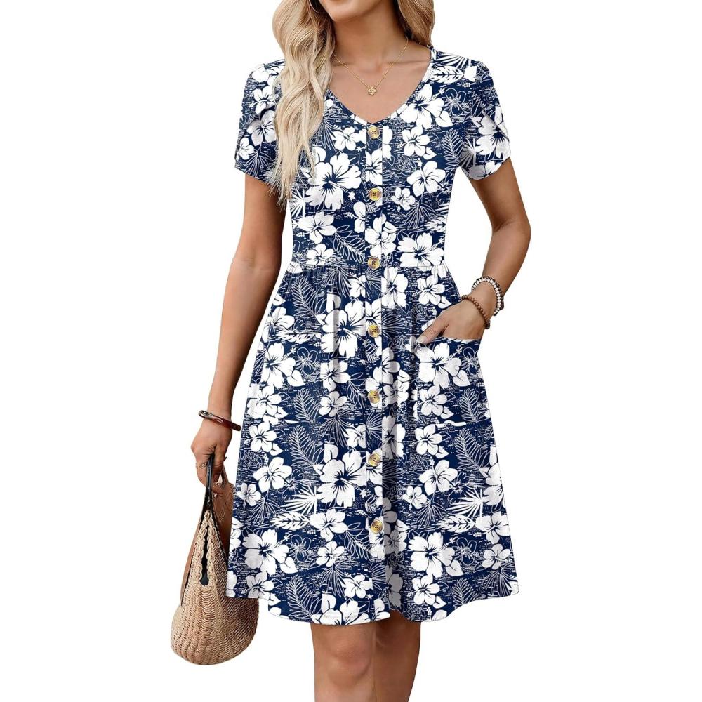 imageZeagoo Womens Summer Dress Mini Petal Short Sleeve Dresses Pleated Button Down V Neck Floral Beach Swing Vacation Dress 2026Floral White Blue