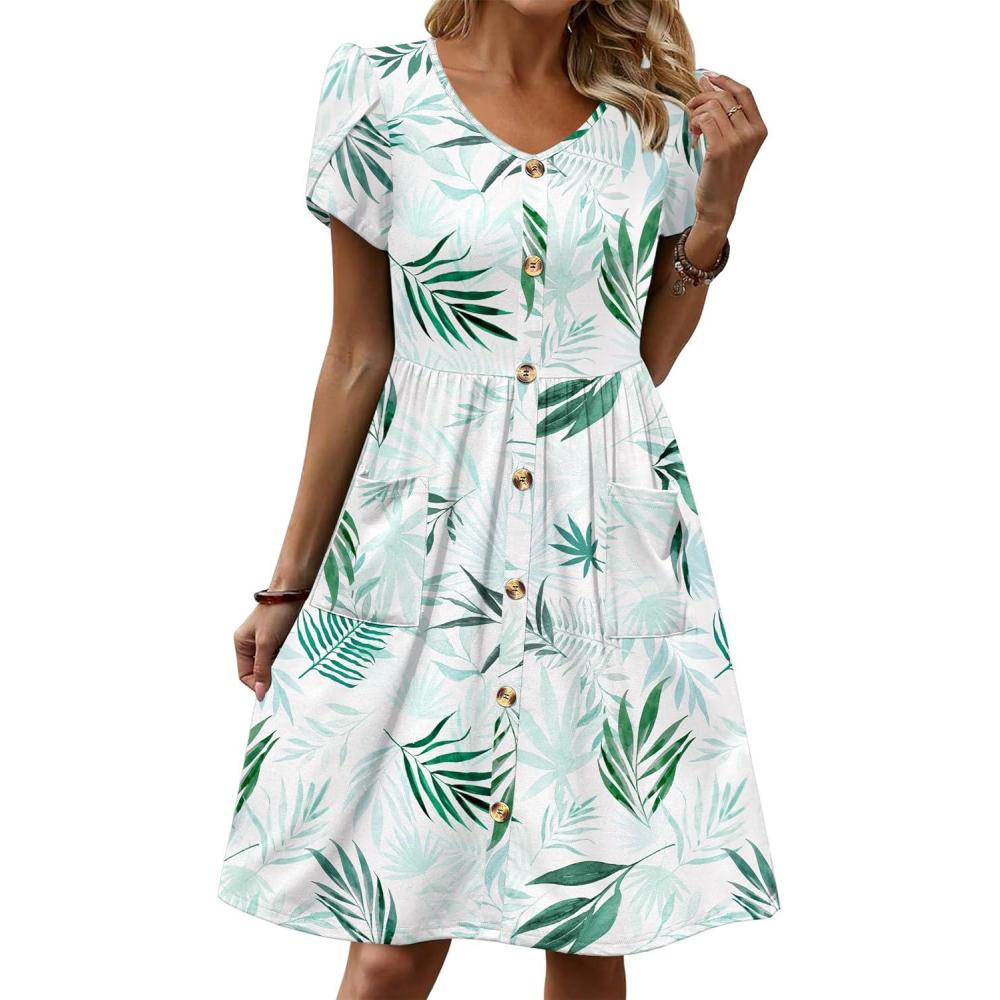 imageZeagoo Womens Summer Dress Mini Petal Short Sleeve Dresses Pleated Button Down V Neck Floral Beach Swing Vacation Dress 2026Leaf Blue Green