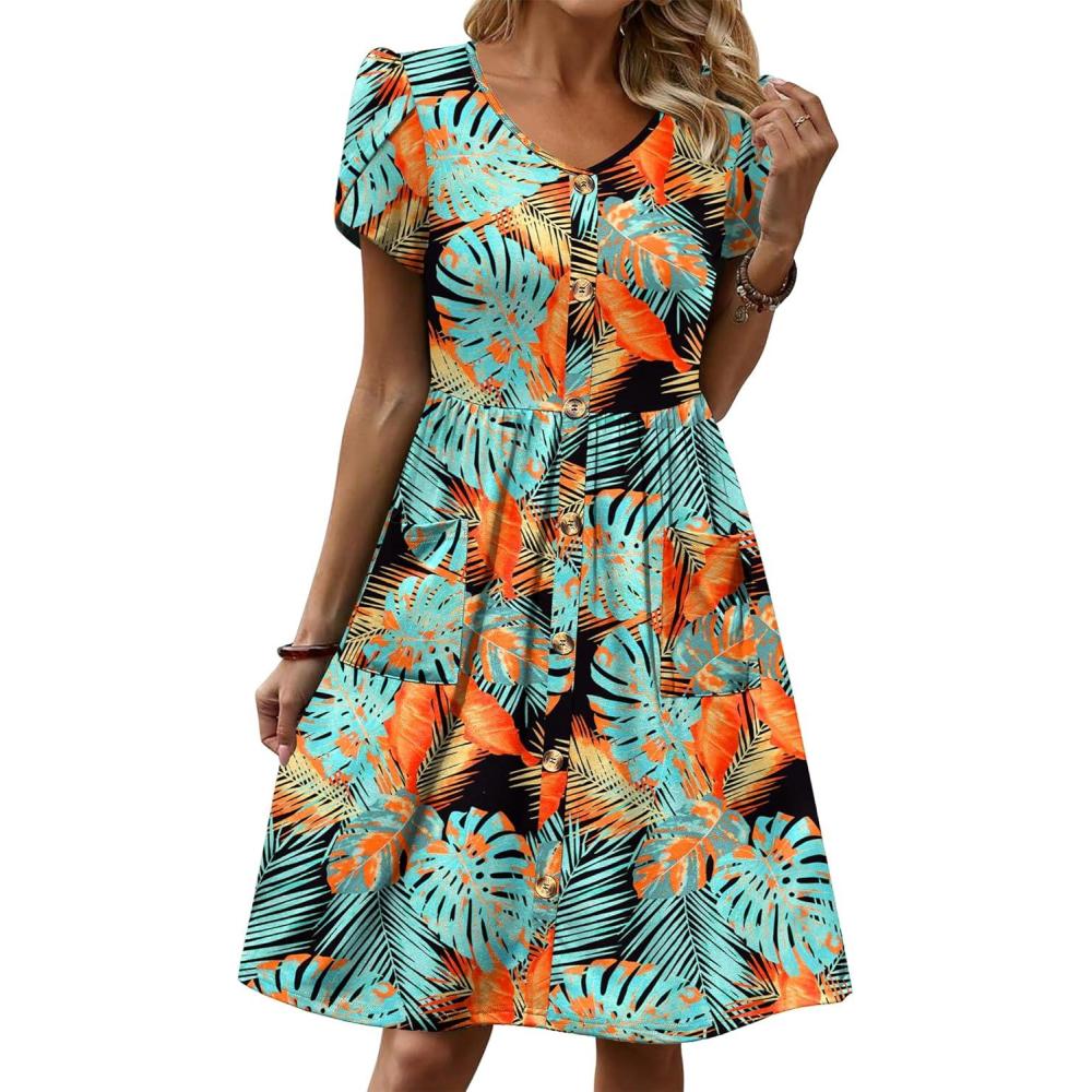 imageZeagoo Womens Summer Dress Mini Petal Short Sleeve Dresses Pleated Button Down V Neck Floral Beach Swing Vacation Dress 2026Leaf Blue Red