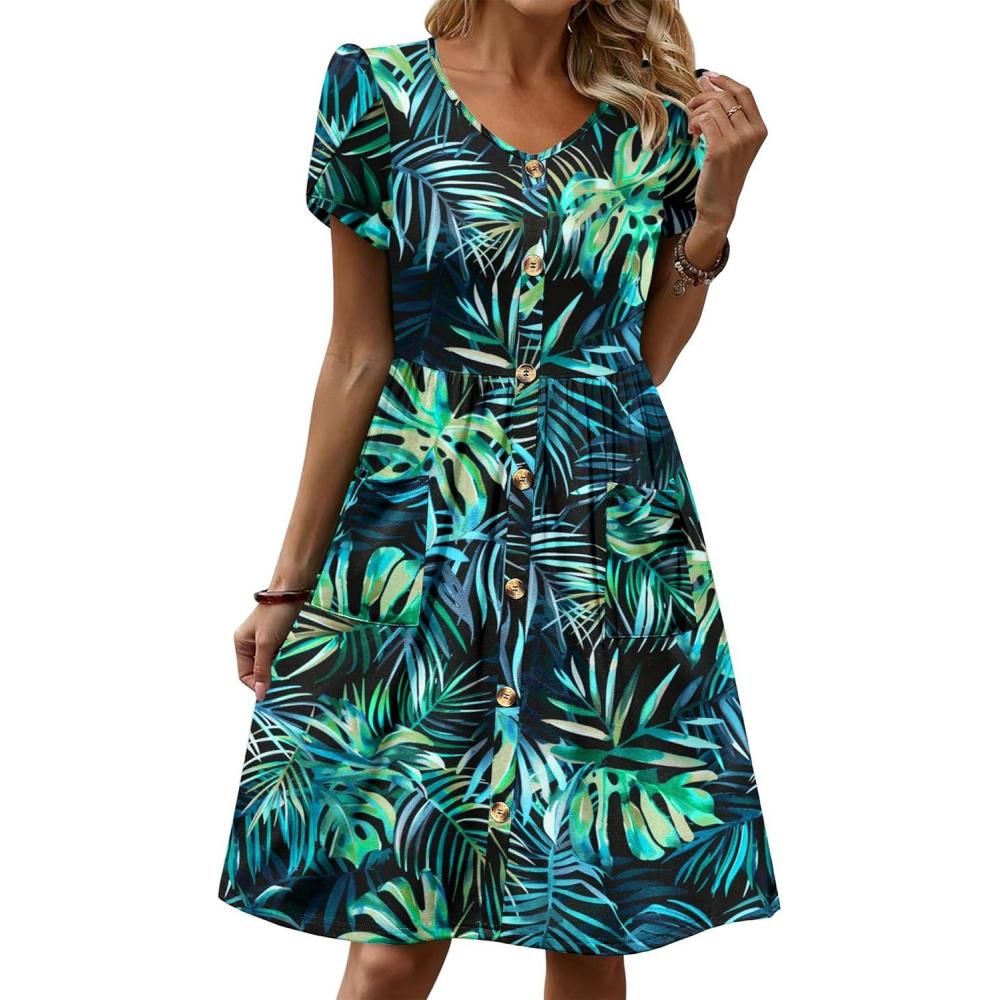 imageZeagoo Womens Summer Dress Mini Petal Short Sleeve Dresses Pleated Button Down V Neck Floral Beach Swing Vacation Dress 2026Leaf Green 2