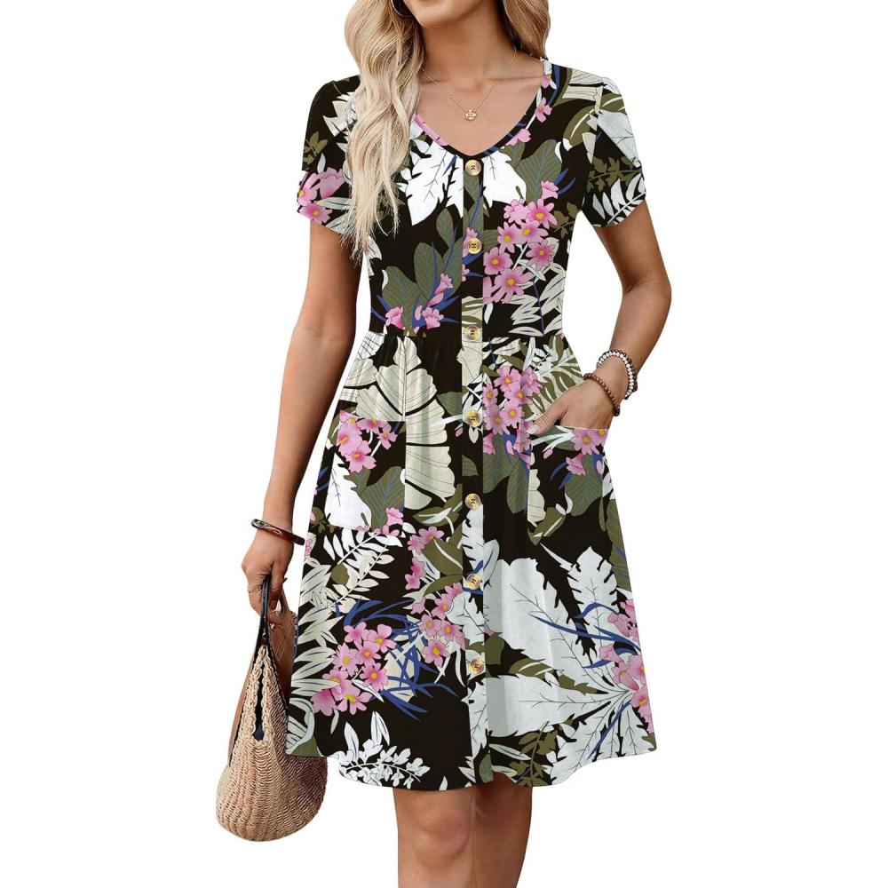 imageZeagoo Womens Summer Dress Mini Petal Short Sleeve Dresses Pleated Button Down V Neck Floral Beach Swing Vacation Dress 2026Leaf Pink Flower