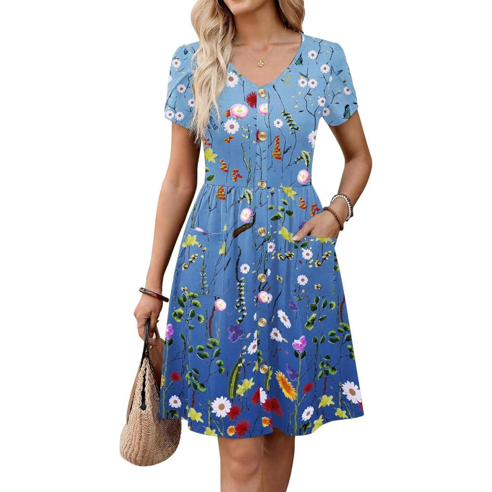 imageZeagoo Womens Summer Dress Mini Petal Short Sleeve Dresses Pleated Button Down V Neck Floral Beach Swing Vacation Dress 2026Wf89