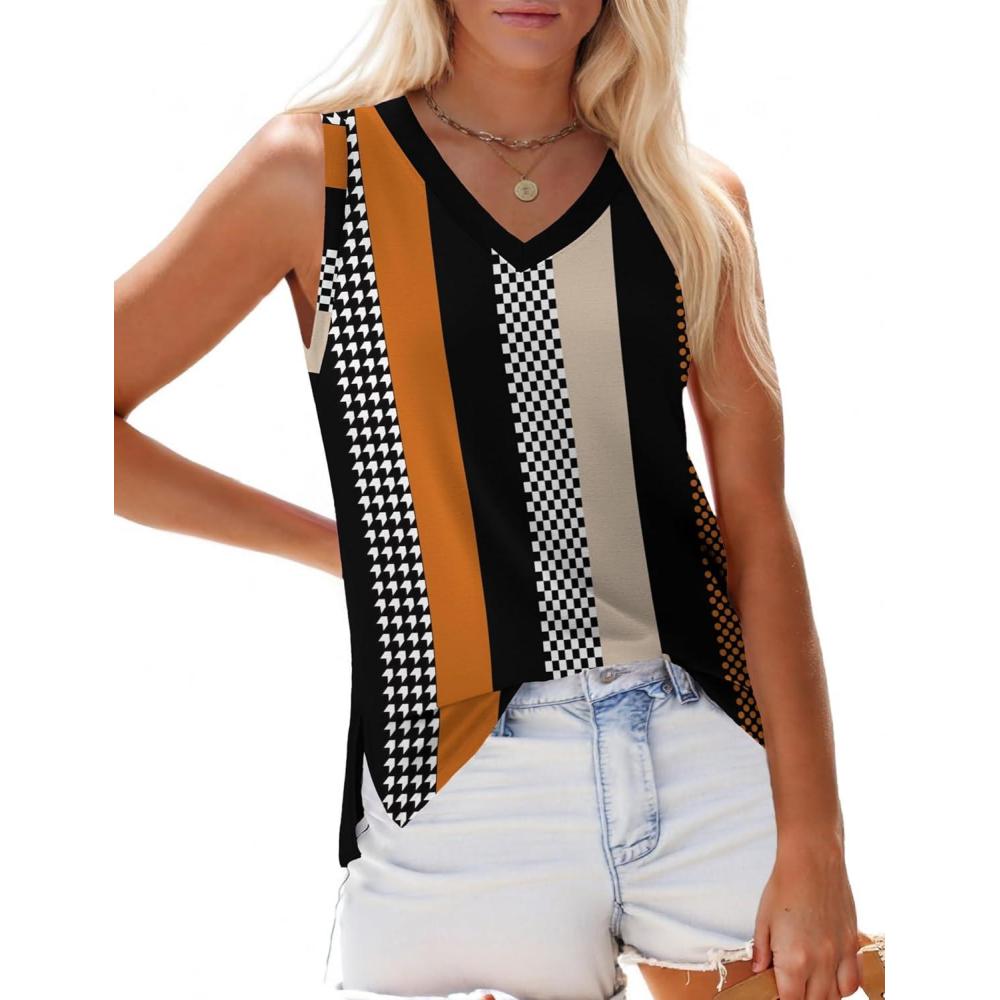 imageZeagoo Womens Summer Tank Tops 2025 V Neck Sleeveless Casual Loose Fit T Shirts Side Split Going Out Tops Tunic2color Strip