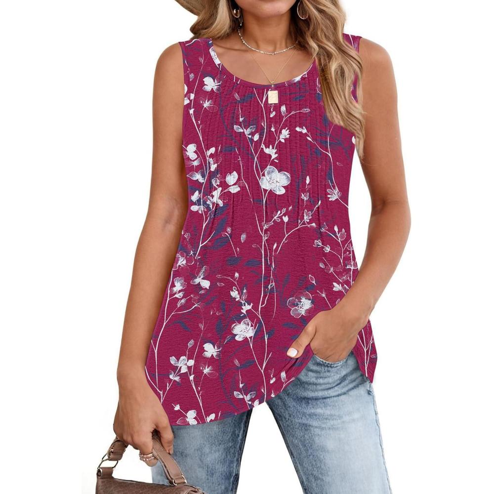 imageZeagoo Womens Summer Tank Tops 2026 Pleated Crew Neck Floral Solid Loose Fit Casual Sleeveless Flowy Boho Tunic ShirtsSf243