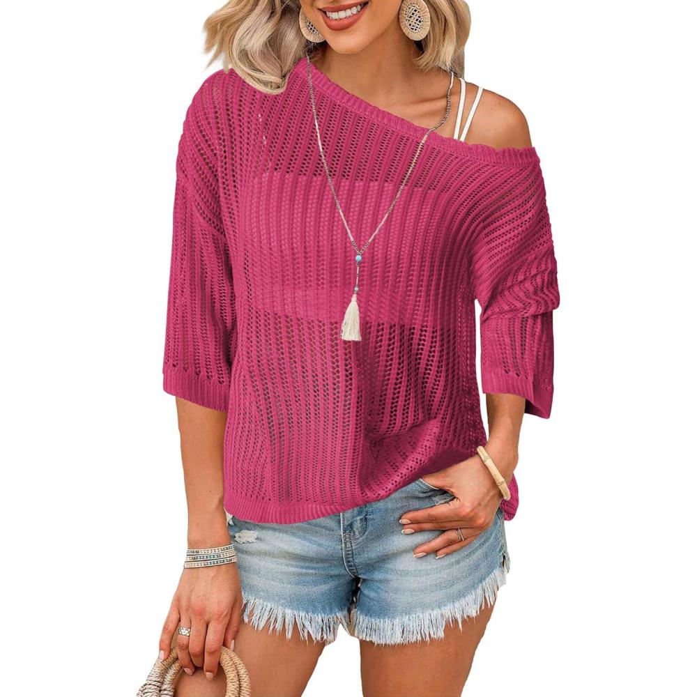 imageZeagoo Womens Summer Tops Crochet Sweaters Resort Wear 34 Sleeve Hollow Out Knit Tops 2025 Beach Coverup Rose Red