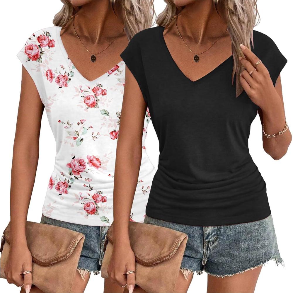 imageZeagoo Womens Summer Tops Cute V Neck Cap Sleeve Tshirts Loose Fit Dressy Casual Shirts Ruched Top TeesFlower White black