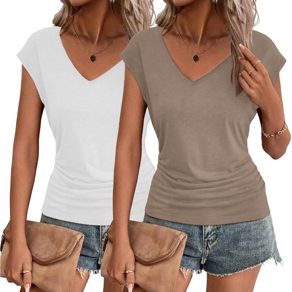imageZeagoo Womens Summer Tops Cute V Neck Cap Sleeve Tshirts Loose Fit Dressy Casual Shirts Ruched Top TeesKhaki White