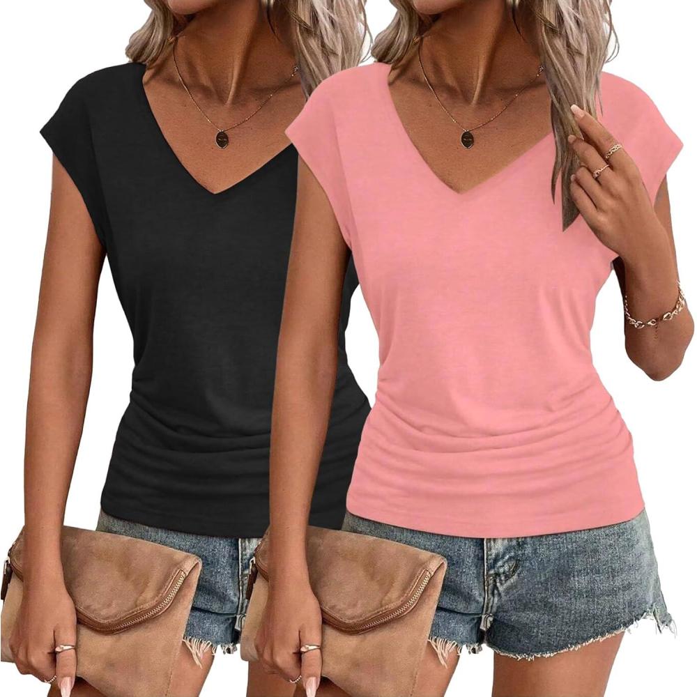 imageZeagoo Womens Summer Tops Cute V Neck Cap Sleeve Tshirts Loose Fit Dressy Casual Shirts Ruched Top TeesPink Black