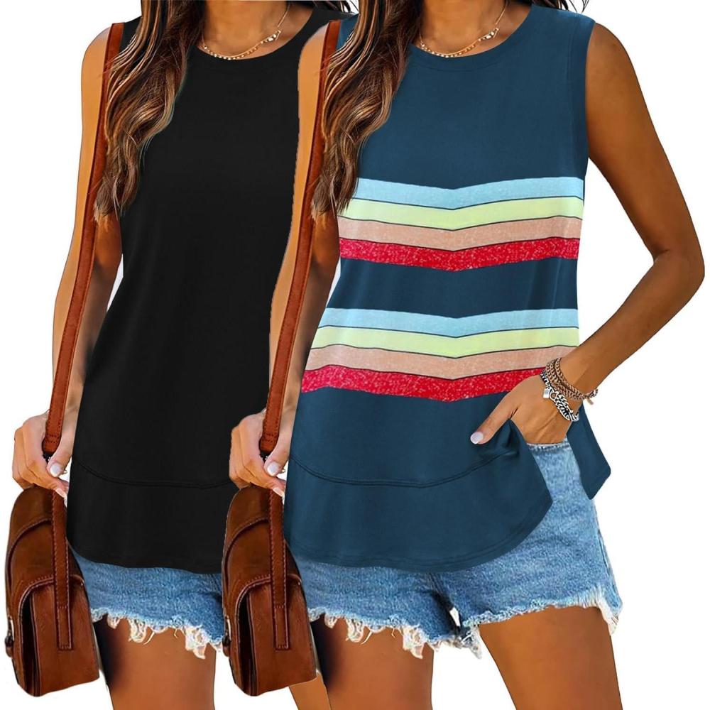 imageZeagoo Womens Summer Tops Dressy Casual High Neck Sleeveless Shirts Basic Loose Fit Tank Tops Beach Vacation 2 PackBlackrainbow Navy