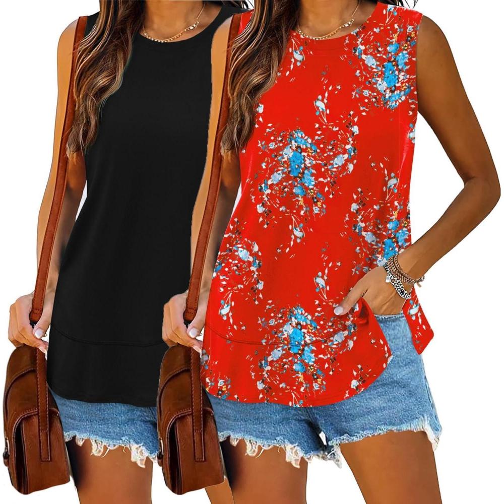 imageZeagoo Womens Summer Tops Dressy Casual High Neck Sleeveless Shirts Basic Loose Fit Tank Tops Beach Vacation 2 PackBlackred Flower