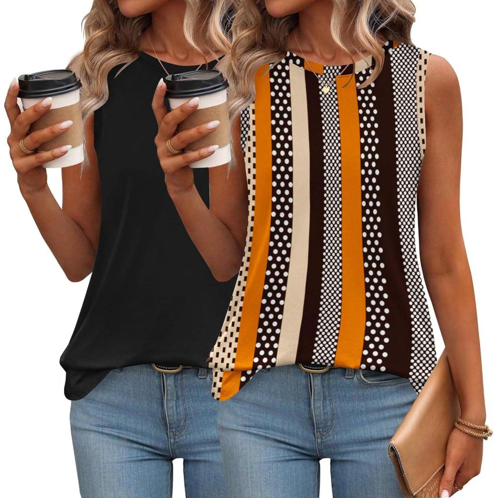 imageZeagoo Womens Summer Tops Dressy Casual High Neck Sleeveless Shirts Basic Loose Fit Tank Tops Beach Vacation 2 PackFblackkhaki Stripe