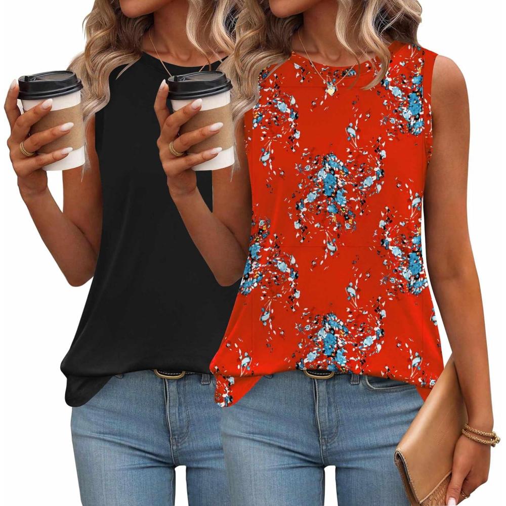 imageZeagoo Womens Summer Tops Dressy Casual High Neck Sleeveless Shirts Basic Loose Fit Tank Tops Beach Vacation 2 PackFblackred Floral