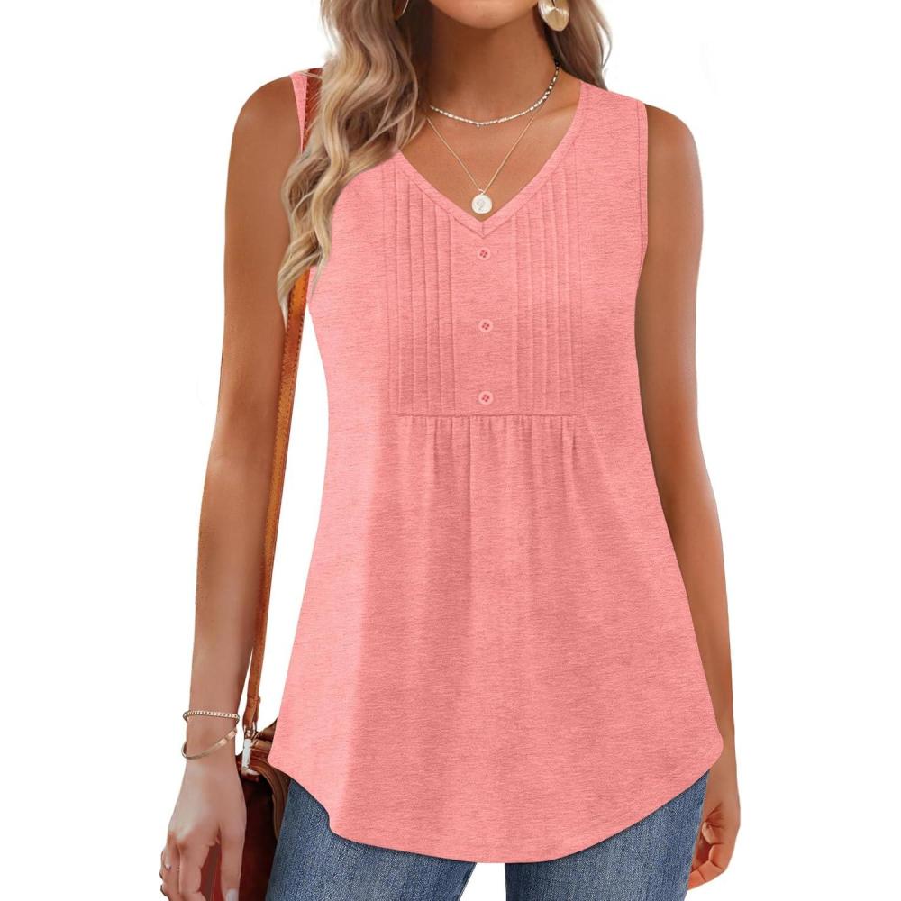imageZeagoo Womens Tank Tops 2026 Sleeveless Pleated V Neck Loose Fit Summer Clothes Button Flowy Casual Shirts Pink