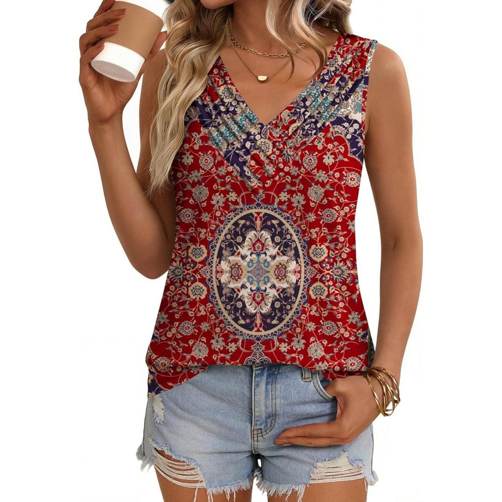 imageZeagoo Womens Tank Tops 2026 Summer Sleeveless Loose Fit Tops V Neck Pleated Trendy Fashion Business Casual ShirtsMz870 Floral