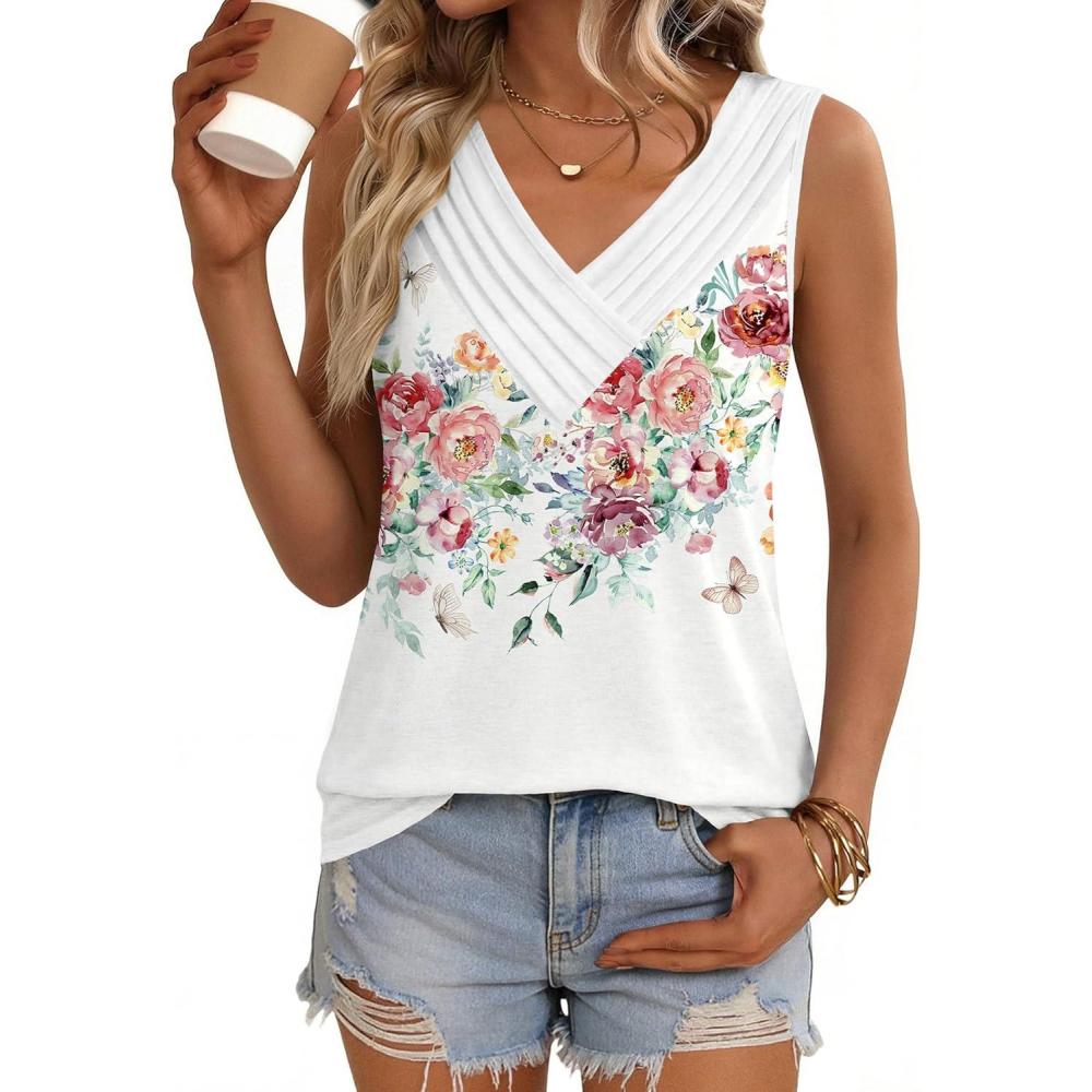 imageZeagoo Womens Tank Tops 2026 Summer Sleeveless Loose Fit Tops V Neck Pleated Trendy Fashion Business Casual ShirtsWf67 Flower