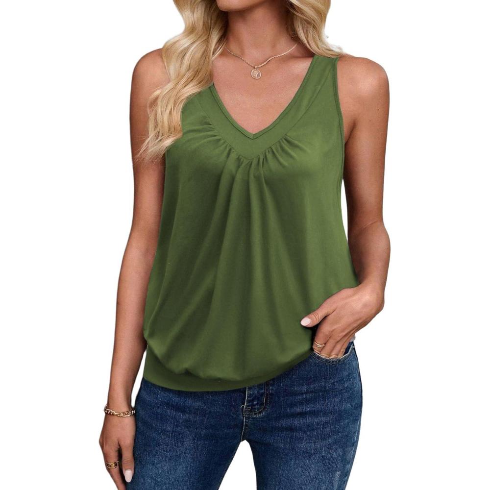 imageZeagoo Womens Tank Tops Loose Fit V Neck Ruched Sleeveless Tops Casual Basic Banded Shirts SXXLArmy Green