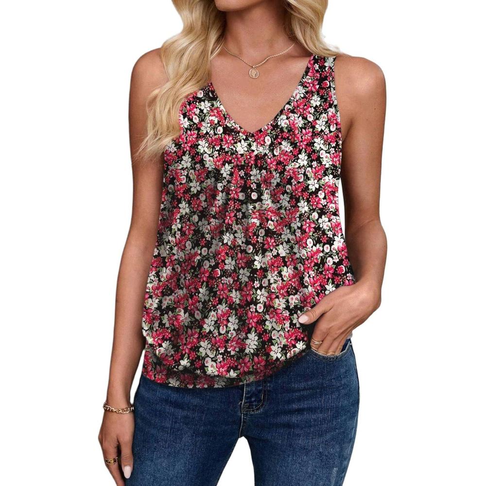 imageZeagoo Womens Tank Tops Loose Fit V Neck Ruched Sleeveless Tops Casual Basic Banded Shirts SXXLBlack White Red Flower