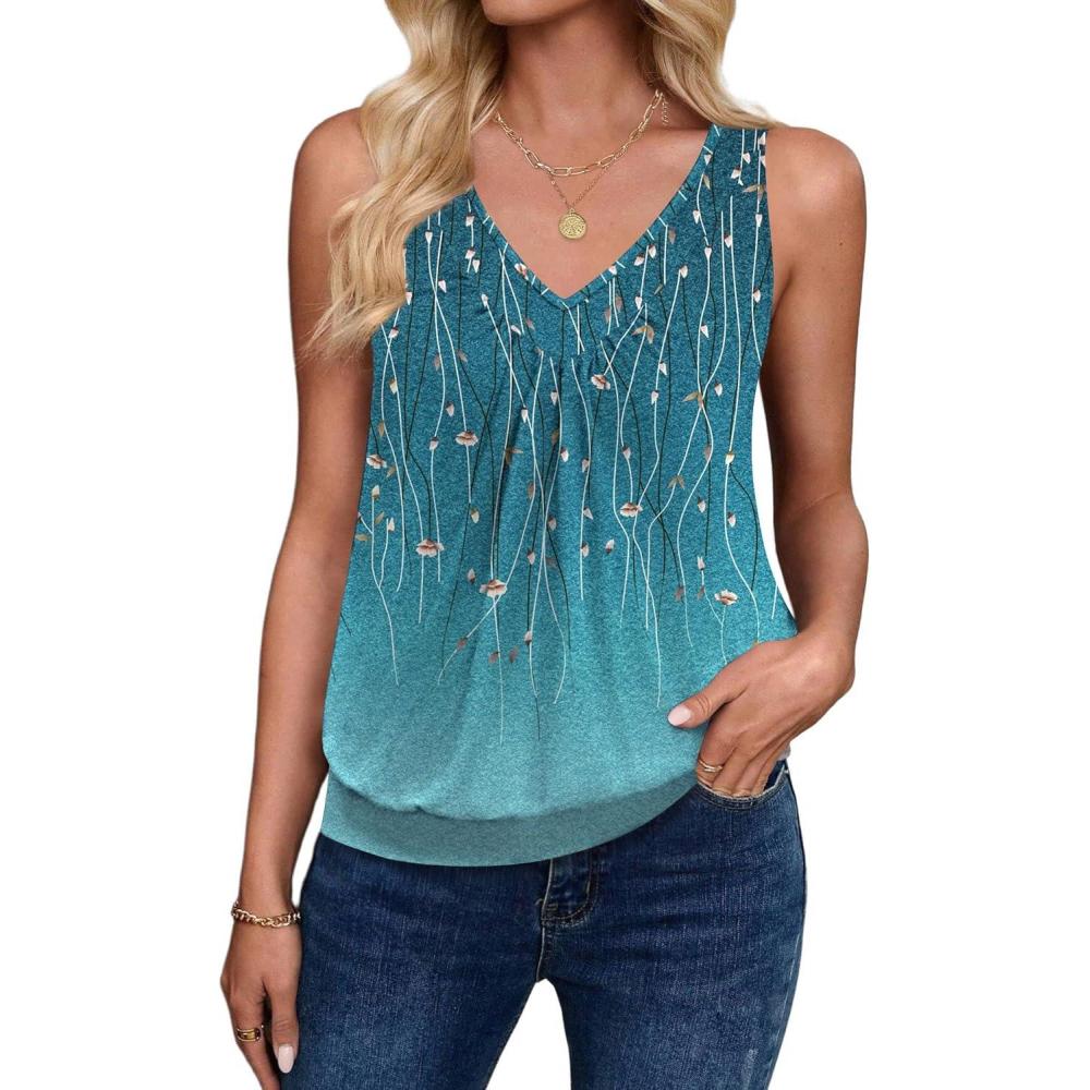imageZeagoo Womens Tank Tops Loose Fit V Neck Ruched Sleeveless Tops Casual Basic Banded Shirts SXXLBlue Green Floral