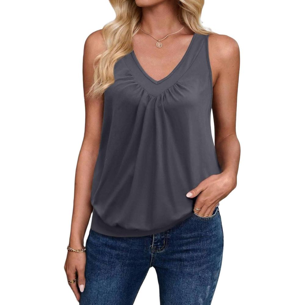 imageZeagoo Womens Tank Tops Loose Fit V Neck Ruched Sleeveless Tops Casual Basic Banded Shirts SXXLDark Grey