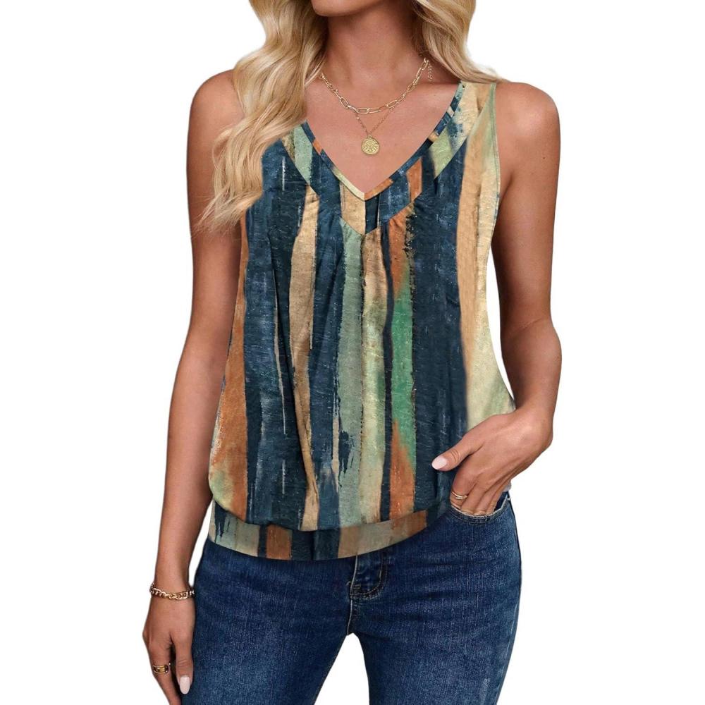 imageZeagoo Womens Tank Tops Loose Fit V Neck Ruched Sleeveless Tops Casual Basic Banded Shirts SXXLNavy Khaki Green Orange Stripe