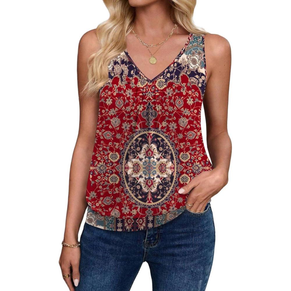 imageZeagoo Womens Tank Tops Loose Fit V Neck Ruched Sleeveless Tops Casual Basic Banded Shirts SXXLRed Blue Floral