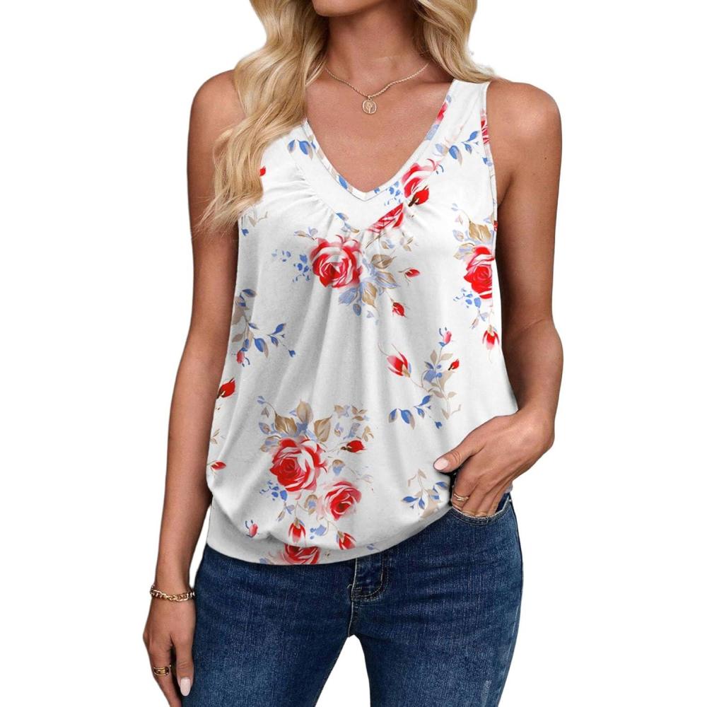 imageZeagoo Womens Tank Tops Loose Fit V Neck Ruched Sleeveless Tops Casual Basic Banded Shirts SXXLWhite Red Blue Flower