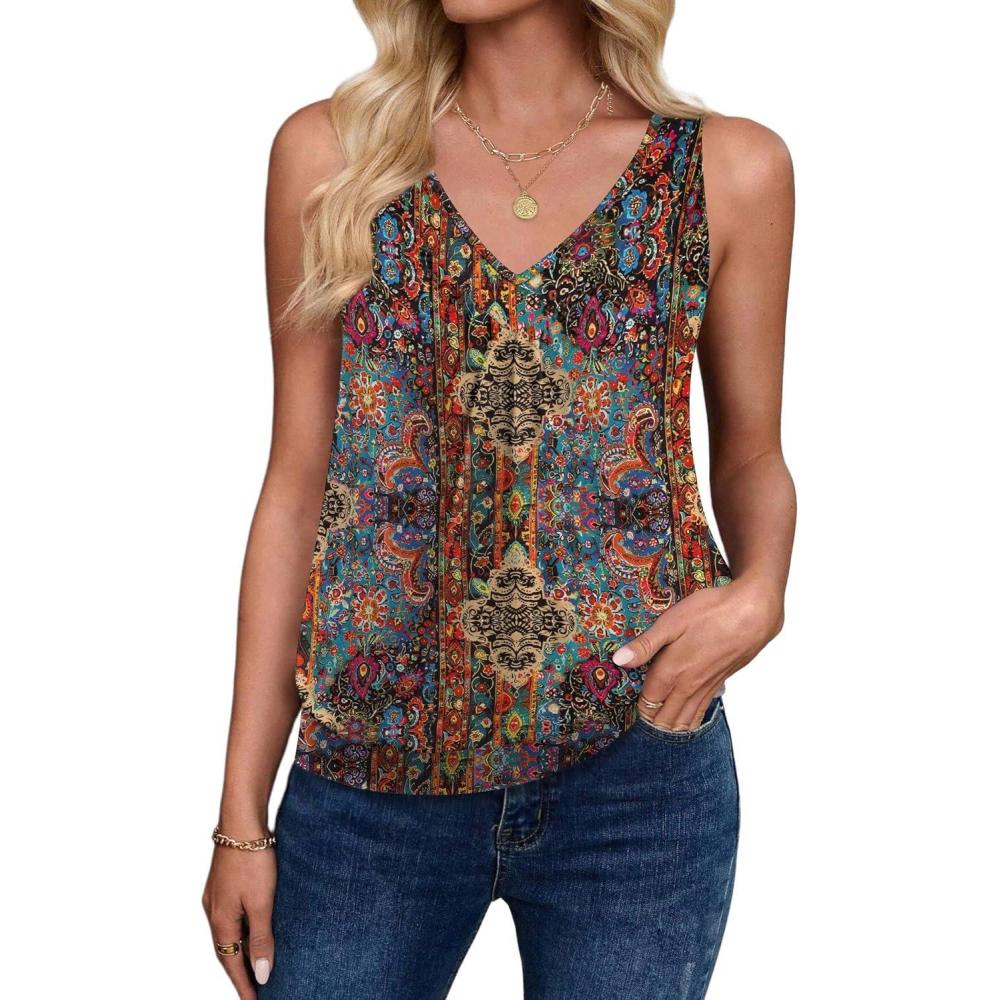 imageZeagoo Womens Tank Tops Loose Fit V Neck Ruched Sleeveless Tops Casual Basic Banded Shirts SXXLYellow Red Green Floral