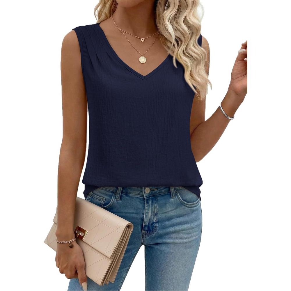 imageZeagoo Womens Tank Tops Pleated V Neck Business Casual Sleeveless Shirts Trendy Dressy Textured Summer Work BlouseNavy Blue