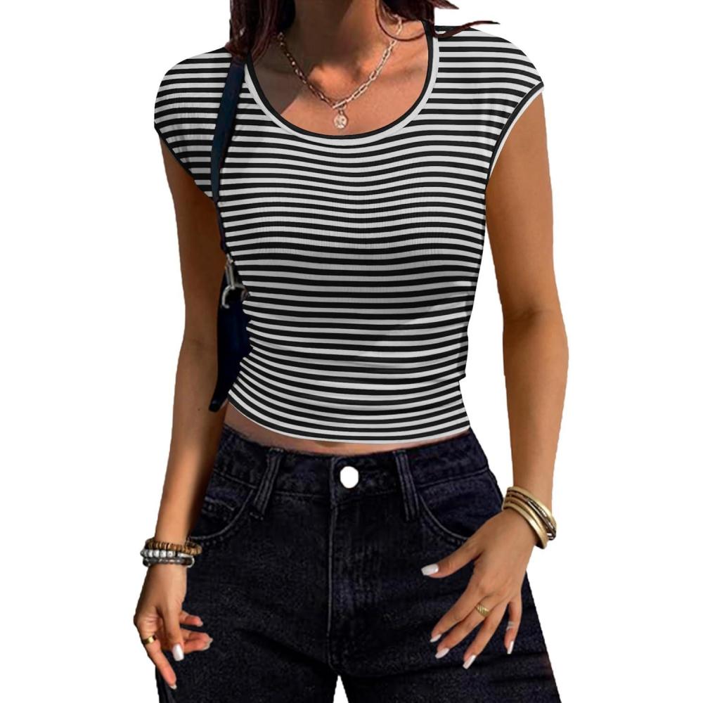 imageZeagoo Womens Tank Tops Ribbed Knit Crew Neck Shirts Cap Sleeve Slim Fitted Ruched Basic TeesFblack Striped