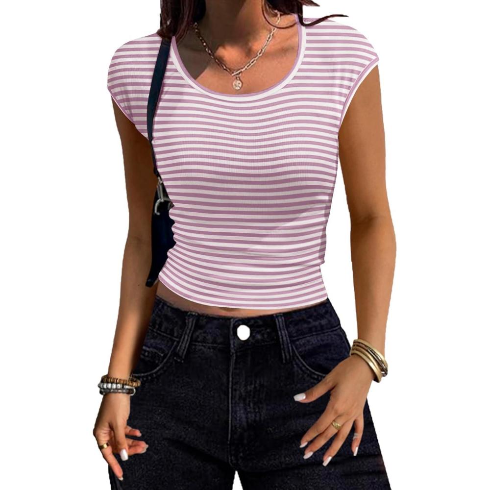 imageZeagoo Womens Tank Tops Ribbed Knit Crew Neck Shirts Cap Sleeve Slim Fitted Ruched Basic TeesFlight Purple Striped