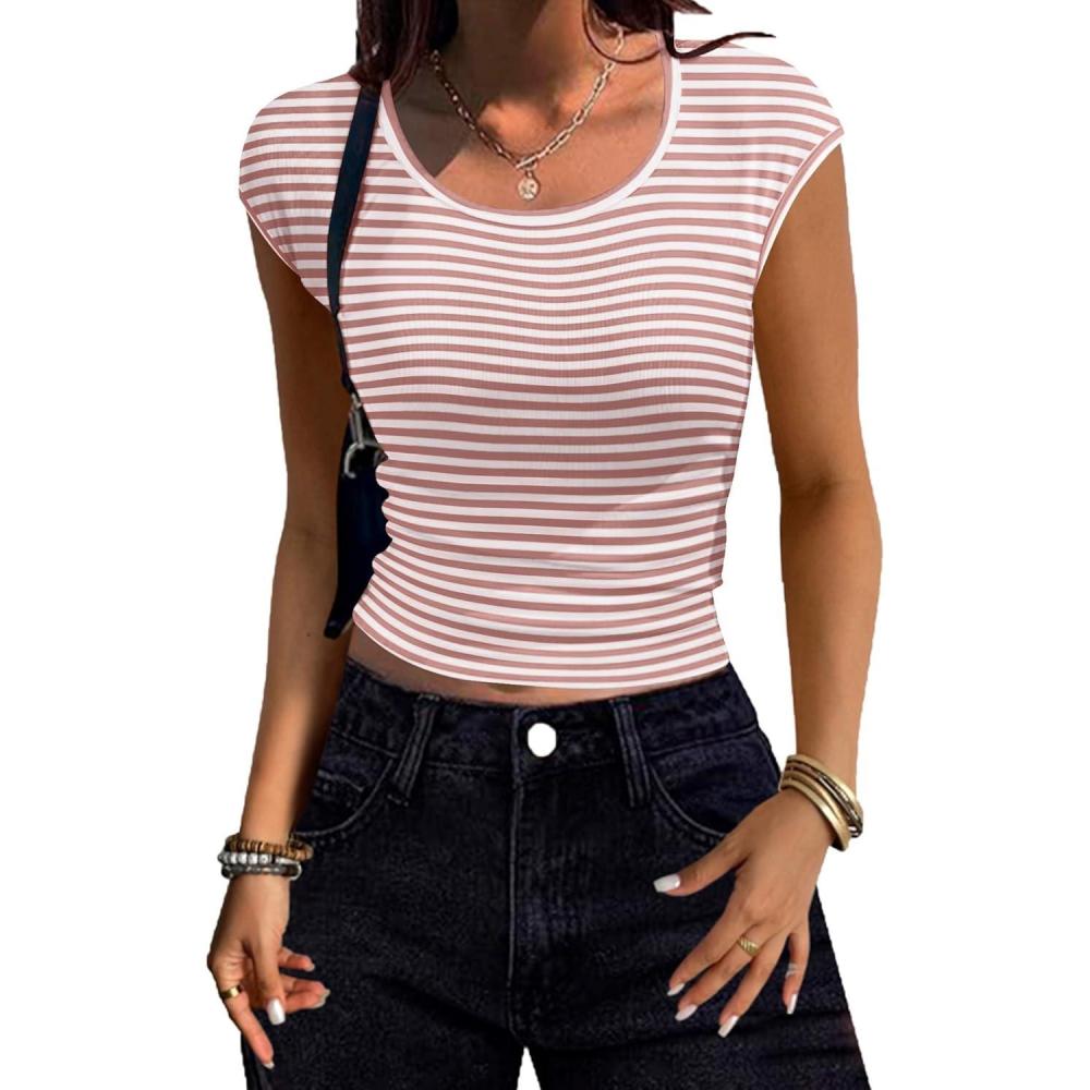 imageZeagoo Womens Tank Tops Ribbed Knit Crew Neck Shirts Cap Sleeve Slim Fitted Ruched Basic TeesFpink Striped