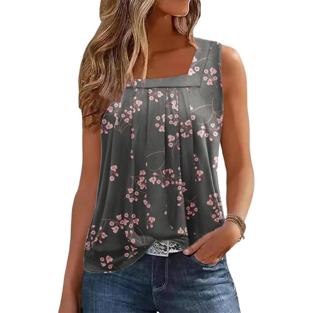 imageZeagoo Womens Tank Tops Summer Sleeveless Loose Fit Square Neck Pleated Shirts Banded Basic Casual Trendy ClothesFfl Gypsophila Black