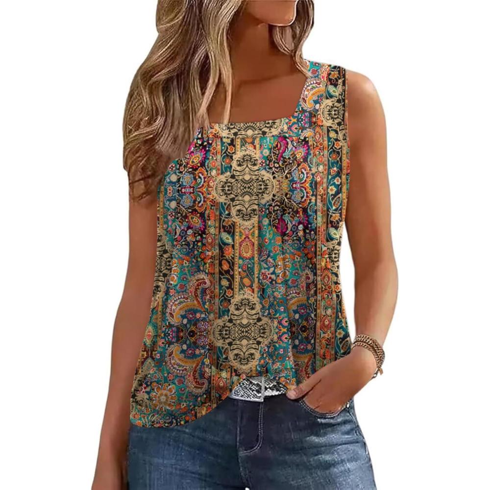 imageZeagoo Womens Tank Tops Summer Sleeveless Loose Fit Square Neck Pleated Shirts Banded Basic Casual Trendy ClothesPattern 721
