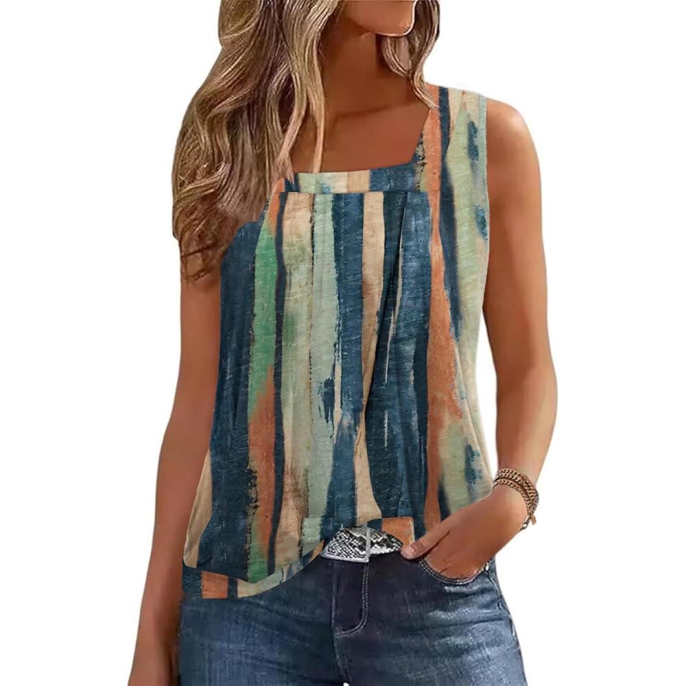 imageZeagoo Womens Tank Tops Summer Sleeveless Loose Fit Square Neck Pleated Shirts Banded Basic Casual Trendy ClothesPattern Cx289