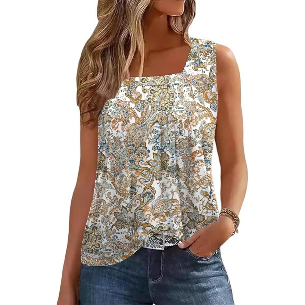 imageZeagoo Womens Tank Tops Summer Sleeveless Loose Fit Square Neck Pleated Shirts Banded Basic Casual Trendy ClothesPattern Mz453