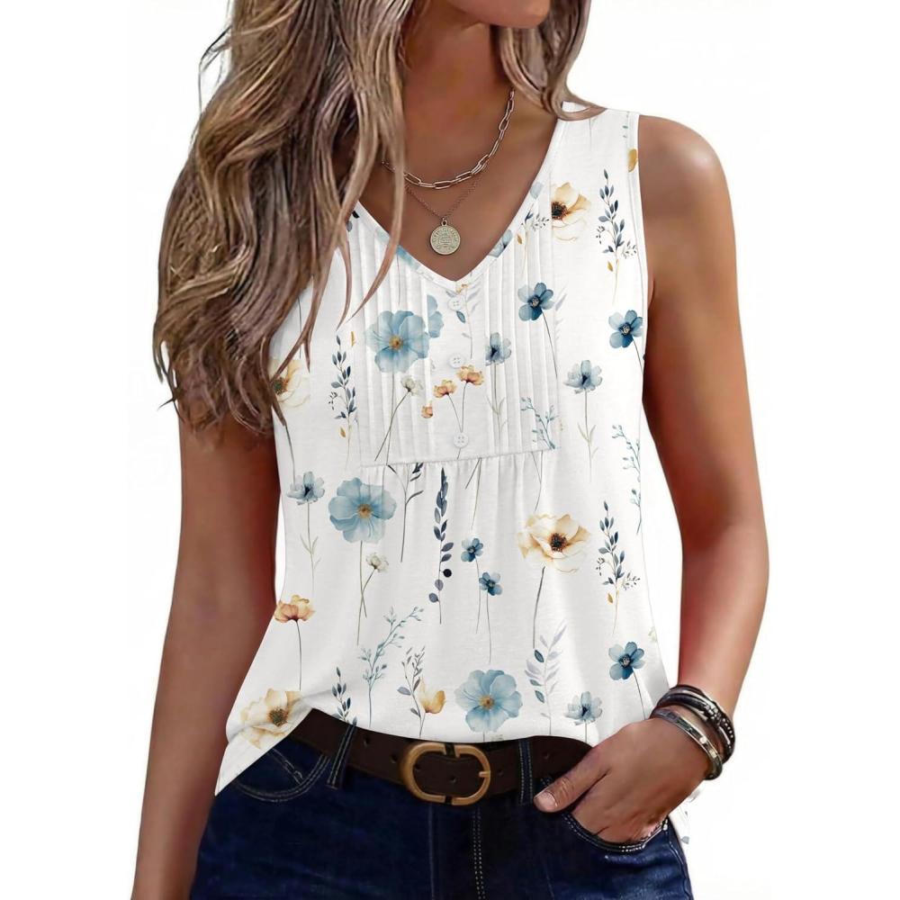 imageZeagoo Womens Tank Tops Summer Sleeveless Pleated V Neck Tunic Shirts Loose Casual Button Flowy Boho Clothes S3XLPattern Bf290