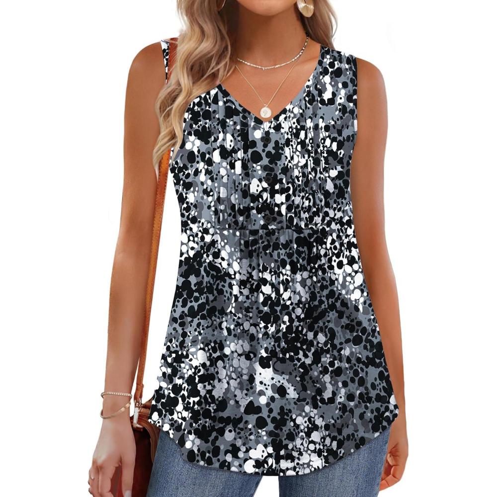 imageZeagoo Womens Tank Tops Summer Sleeveless Pleated V Neck Tunic Shirts Loose Casual Button Flowy Boho Clothes S3XLPattern Cx273