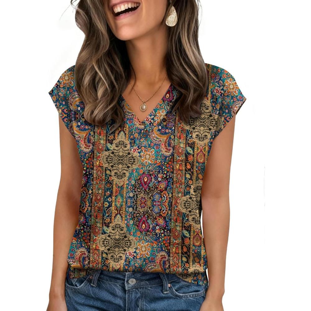 imageZeagoo Womens Tops Cap Short Sleeve Textured Blouse V Neck Summer Spring Shirts Business Casual OutfitsMulticolor 721