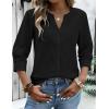 Zeagoo Button Down Shirts for Women 3/4 Sleeve Linen Cotton V Neck Tops Dressy Casual Loose Work Blouses(Black)