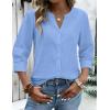 Zeagoo Button Down Shirts for Women 3/4 Sleeve Linen Cotton V Neck Tops Dressy Casual Loose Work Blouses(Blue)
