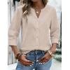 Zeagoo Button Down Shirts for Women 3/4 Sleeve Linen Cotton V Neck Tops Dressy Casual Loose Work Blouses(Khaki)