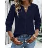 Zeagoo Button Down Shirts for Women 3/4 Sleeve Linen Cotton V Neck Tops Dressy Casual Loose Work Blouses(Nany Blue)