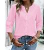 Zeagoo Button Down Shirts for Women 3/4 Sleeve Linen Cotton V Neck Tops Dressy Casual Loose Work Blouses(Pink)