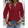 Zeagoo Button Down Shirts for Women 3/4 Sleeve Linen Cotton V Neck Tops Dressy Casual Loose Work Blouses(Red)