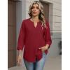 Zeagoo Button Down Shirts for Women 3/4 Sleeve Linen Cotton V Neck Tops Dressy Casual Loose Work Blouses(Red)
