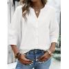 Zeagoo Button Down Shirts for Women 3/4 Sleeve Linen Cotton V Neck Tops Dressy Casual Loose Work Blouses(White)