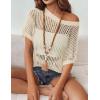 Zeagoo Short Sleeve Crochet Sweater Lightweight Summer Tops Loose Hollow Out Crewneck Pullover(Beige)