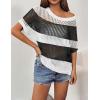 Zeagoo Short Sleeve Crochet Sweater Lightweight Summer Tops Loose Hollow Out Crewneck Pullover(Black White Stripes)
